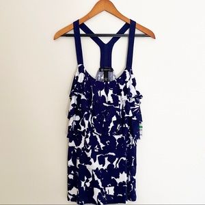INC International Concepts Ruffle Tank Top Floral Sleeveless Blouse Navy White